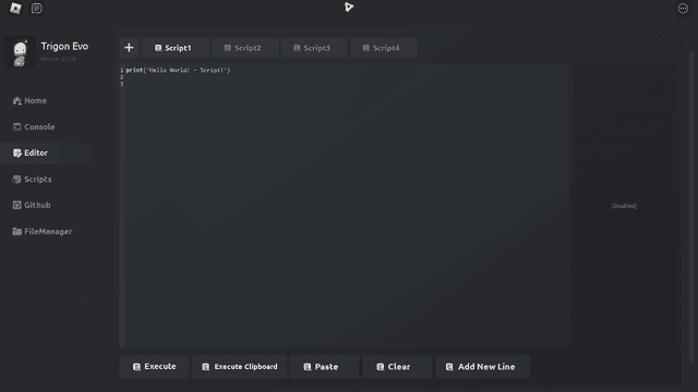 Trigon Evo Roblox executor Luau script editor with tabbed scripts on Android
