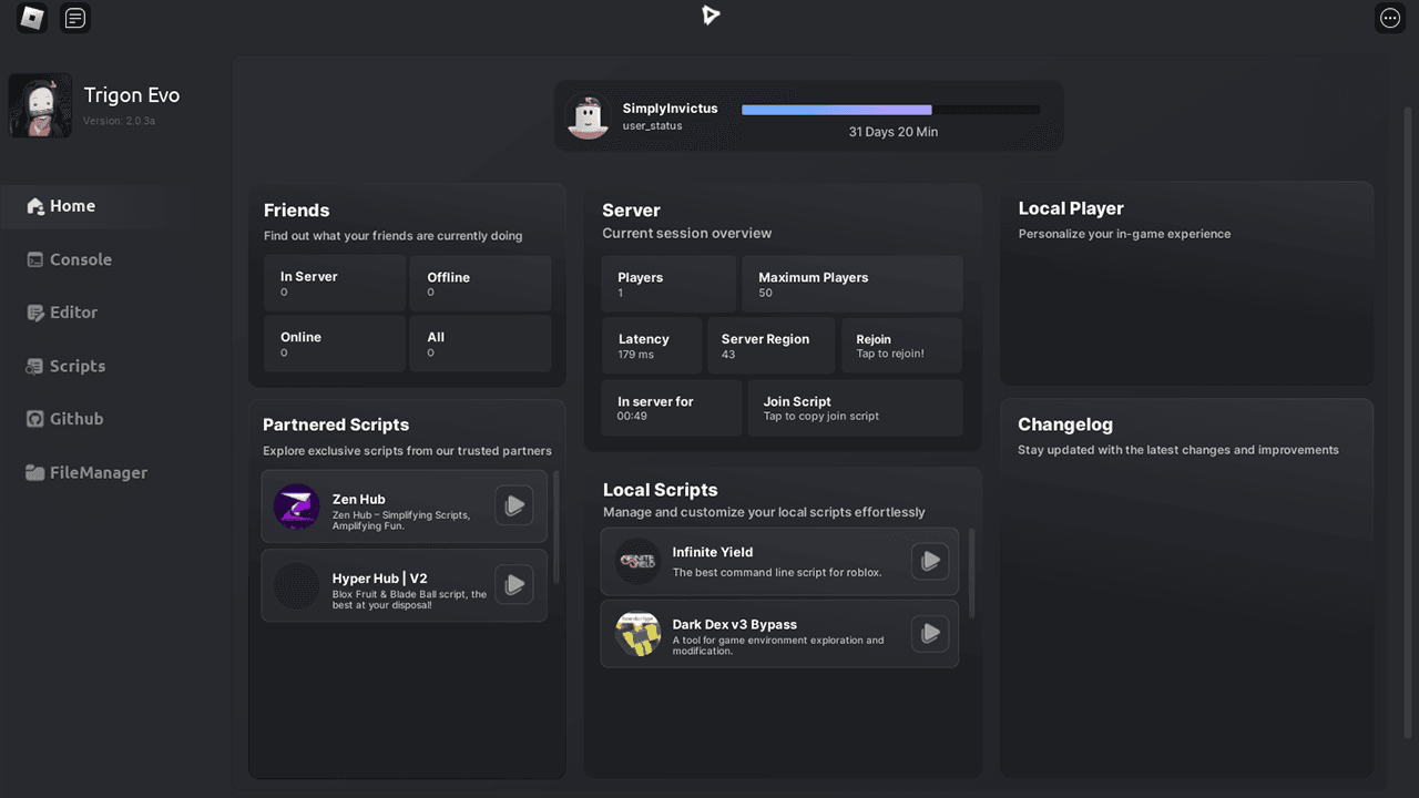 Trigon Evo Roblox executor for Android — home screen
