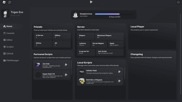 Trigon Evo Roblox executor for Android — home screen