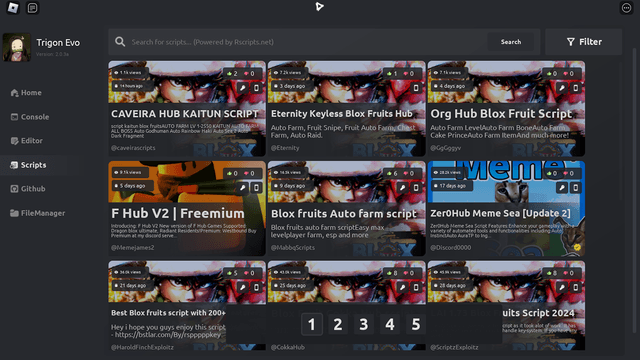 Trigon Evo Roblox executor script browser with free Roblox scripts on Android